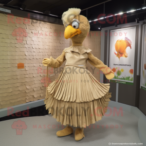 Tan Hens mascot costume character dressed with a Pleated Skirt and Earrings