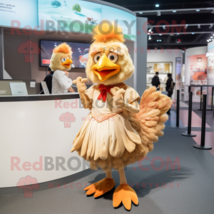 Tan Hens mascot costume character dressed with a Pleated Skirt and Earrings