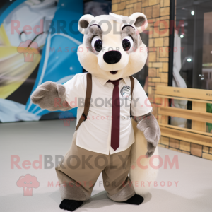 Beige Badger mascot costume character dressed with a Windbreaker and Bow ties