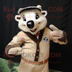 Beige Badger mascot costume character dressed with a Windbreaker and Bow ties