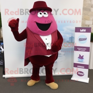 Maroon Moussaka mascot costume character dressed with a Suit Pants and Pocket squares