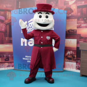 Maroon Moussaka mascot costume character dressed with a Suit Pants and Pocket squares