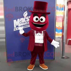 Maroon Moussaka mascot costume character dressed with a Suit Pants and Pocket squares