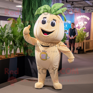 Beige Beet mascot costume character dressed with a Jumpsuit and Headbands