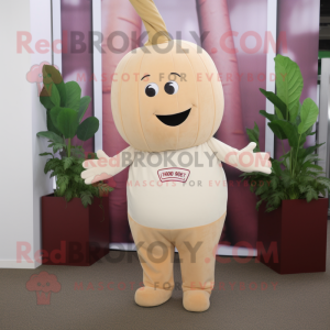 Beige Beet mascot costume character dressed with a Jumpsuit and Headbands