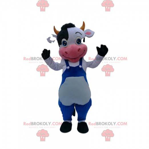 Zwart-witte koe mascotte met blauwe overall - Redbrokoly.com