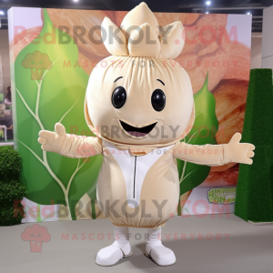 Beige Beet mascot costume character dressed with a Jumpsuit and Headbands