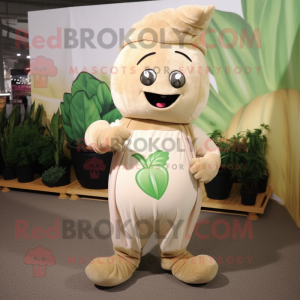 Beige Beet mascot costume character dressed with a Jumpsuit and Headbands