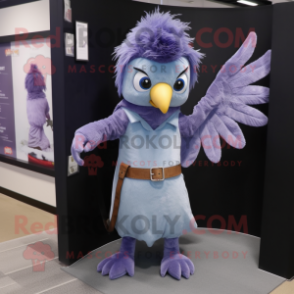 Lavender Harpy mascot costume character dressed with a Denim Shirt and Ties