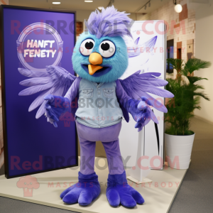 Lavender Harpy mascot costume character dressed with a Denim Shirt and Ties