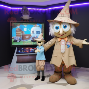 Beige Witch'S Hat mascot costume character dressed with a Oxford Shirt and Digital watches