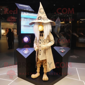 Beige Witch'S Hat mascot costume character dressed with a Oxford Shirt and Digital watches