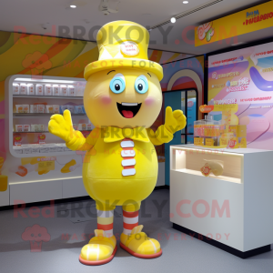 Yellow Candy mascot costume character dressed with a Playsuit and Hats