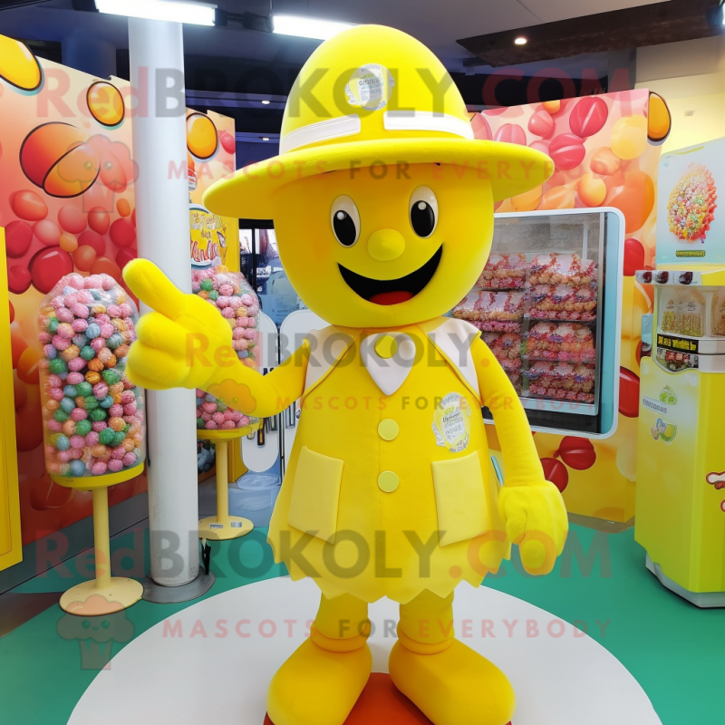 Yellow Candy mascot costume character dressed with a Playsuit and Hats Yellow Candy mascot costume character dressed with a Playsuit and Hats