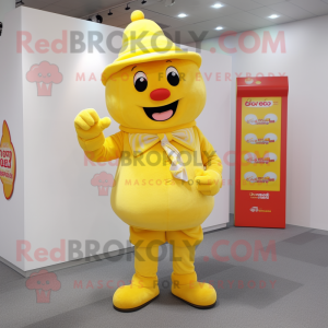 Yellow Candy mascot costume character dressed with a Playsuit and Hats