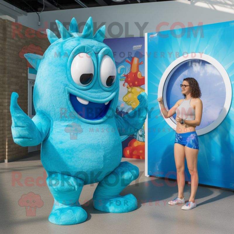 Cyan Goulash mascot costume character dressed with a Bikini and Watches Cyan Goulash mascot costume character dressed with a Bikini and Watches