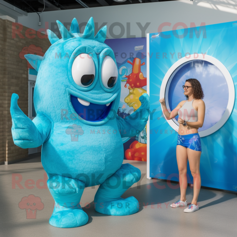 Cyan Goulash mascot costume character dressed with a Bikini and Watches