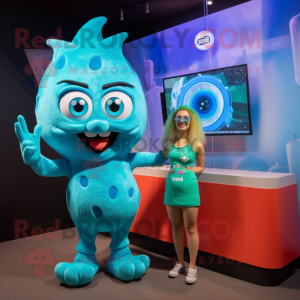 Cyan Goulash mascot costume character dressed with a Bikini and Watches