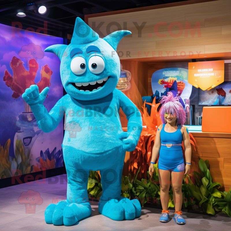 Cyan Goulash mascot costume character dressed with a Bikini and Watches Cyan Goulash mascot costume character dressed with a Bikini and Watches