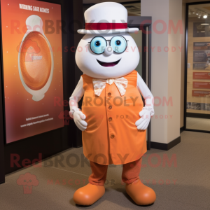 Orange Clam Chowder mascot costume character dressed with a Henley Shirt and Hat pins