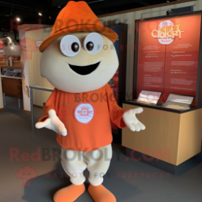 Orange Clam Chowder mascot costume character dressed with a Henley Shirt and Hat pins