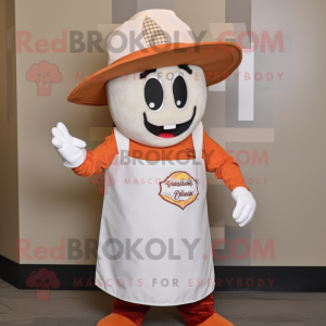Orange Clam Chowder mascot costume character dressed with a Henley Shirt and Hat pins