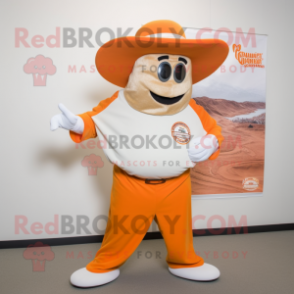 Orange Clam Chowder mascot costume character dressed with a Henley Shirt and Hat pins