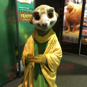 Green Meerkat mascot costume character dressed with a Wrap Skirt and Shawls