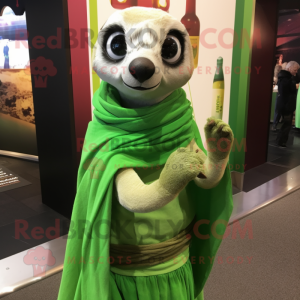 Green Meerkat mascot costume character dressed with a Wrap Skirt and Shawls