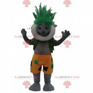 Mascote coala cinza barbudo com um penteado verde maluco -