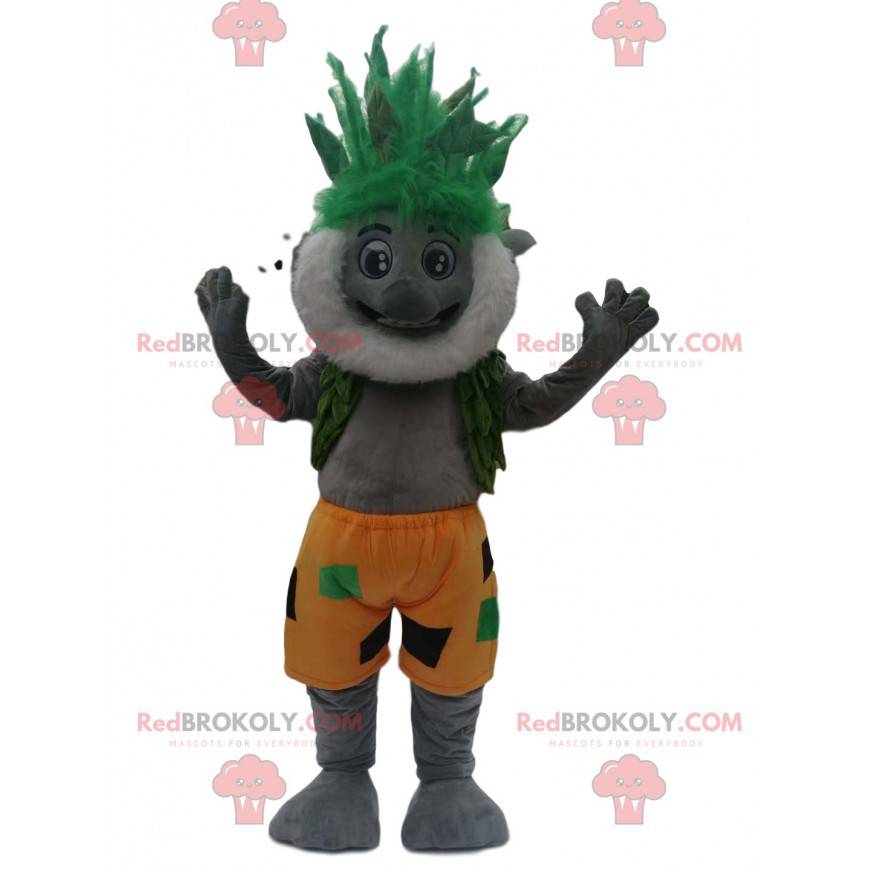 Mascota de koala gris barbudo con un peinado verde loco -