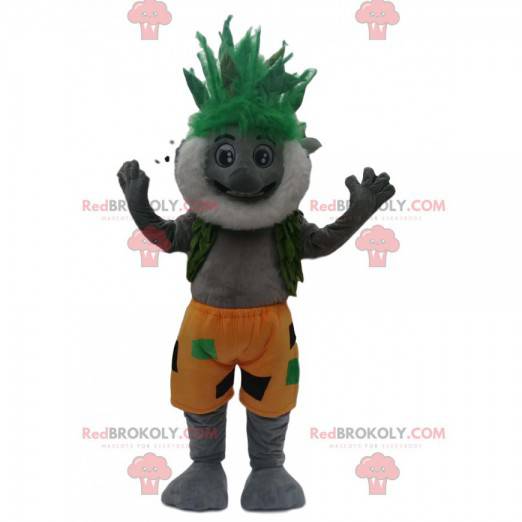 Mascotte de koala gris barbu avec une coiffure verte farfelue -