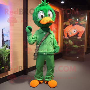 Forest Green Mandarin mascot costume character dressed with a Skinny Jeans and Earrings