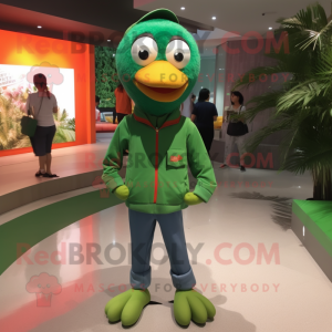 Forest Green Mandarin mascot costume character dressed with a Skinny Jeans and Earrings