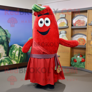 Red Cucumber mascot costume character dressed with a Maxi Dress and Headbands
