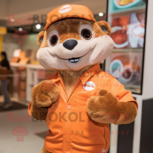 Orange Mongoose mascot costume character dressed with a Button-Up Shirt and Watches