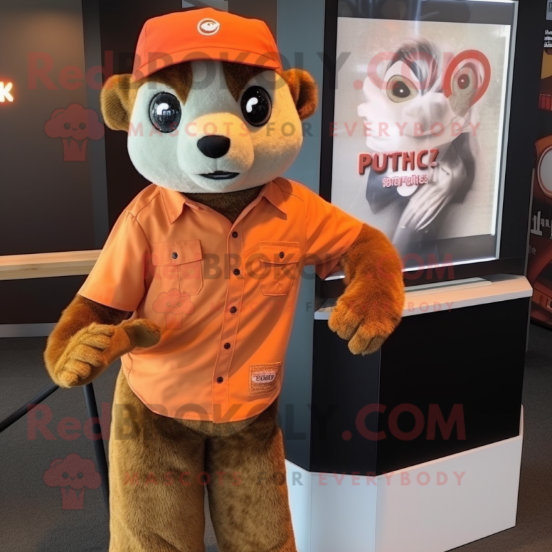 Orange Mongoose mascot costume character dressed with a Button-Up Shirt and Watches