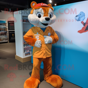 Orange Mongoose mascot costume character dressed with a Button-Up Shirt and Watches