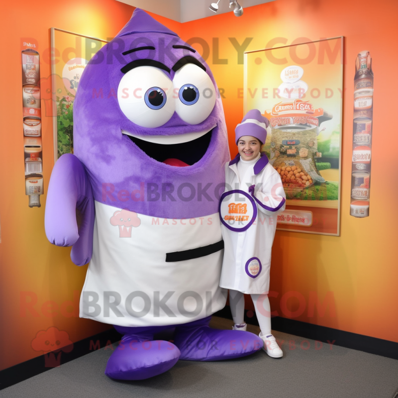 Lavender Sushi mascot costume character dressed with a Overalls and Shoe clips Lavender Sushi mascot costume character dressed with a Overalls and Shoe clips