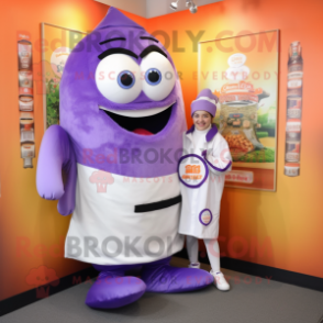 Lavender Sushi mascot costume character dressed with a Overalls and Shoe clips
