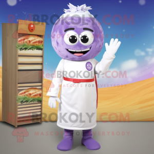 Lavender Sushi mascot costume character dressed with a Overalls and Shoe clips