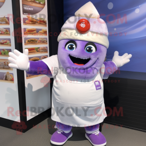 Lavender Sushi mascot costume character dressed with a Overalls and Shoe clips