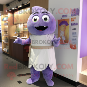 Lavender Sushi mascot costume character dressed with a Overalls and Shoe clips