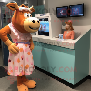 Peach Guernsey Cow mascot costume character dressed with a Maxi Skirt and Watches