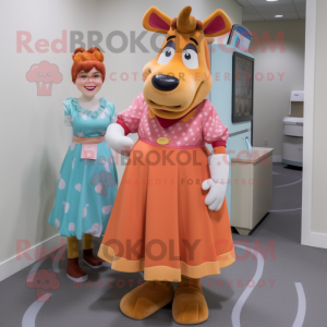 Peach Guernsey Cow mascot costume character dressed with a Maxi Skirt and Watches