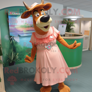 Peach Guernsey Cow mascot costume character dressed with a Maxi Skirt and Watches