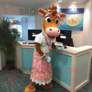 Peach Guernsey Cow mascot costume character dressed with a Maxi Skirt and Watches