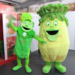 Fantasia de mascote Corned Beef e repolho verde com macacão e bonés - Mascotes de carne enlatada e repolho - RedBrokoly.com