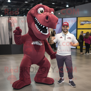 Maroon Tyrannosaurus mascot costume character dressed with a Jumpsuit and Shoe laces