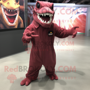 Maroon Tyrannosaurus mascot costume character dressed with a Jumpsuit and Shoe laces